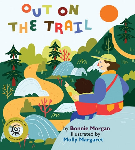 Book cover of 'Out on the Trail' with a colorful illustration of a woman and child in nature.