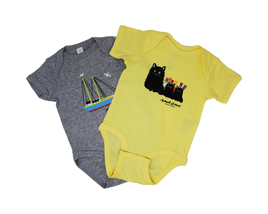 Gray and yellow baby onesies with Maud Lewis inspired ship and cat designs on a white background