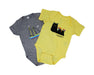 Gray and yellow baby onesies with Maud Lewis inspired ship and cat designs on a white background