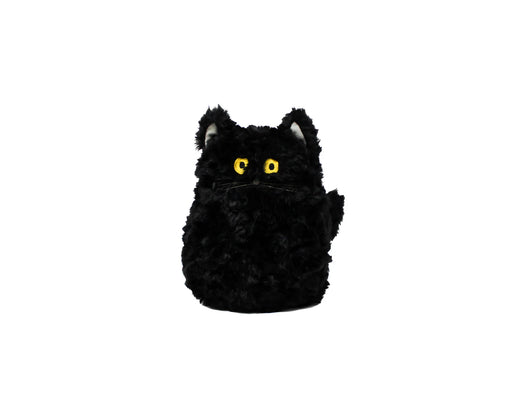 Black plush cat toy with yellow eyes on a white background