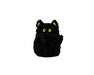 Black plush cat toy with yellow eyes on a white background