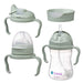 Set of baby feeding products including a bottle, sippy cup, and trainer cup with handles on a white background.