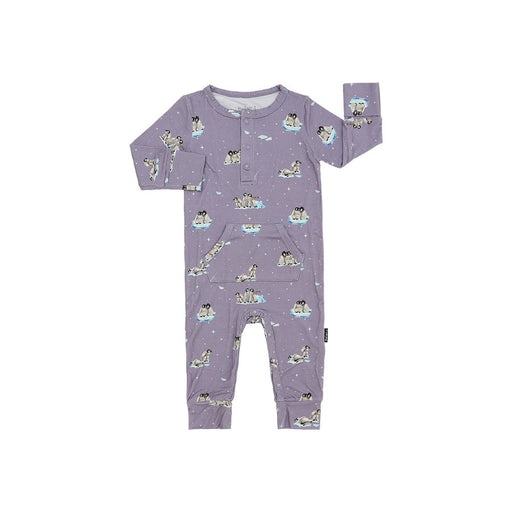 Purple children's onesie with penguin pattern on a white background