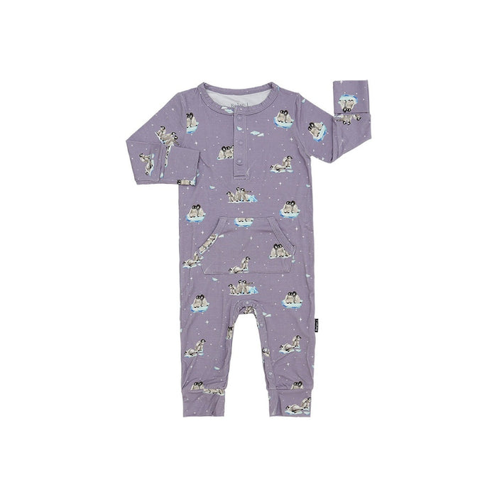 Purple children's onesie with penguin pattern on a white background