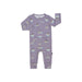 Purple children's onesie with penguin pattern on a white background