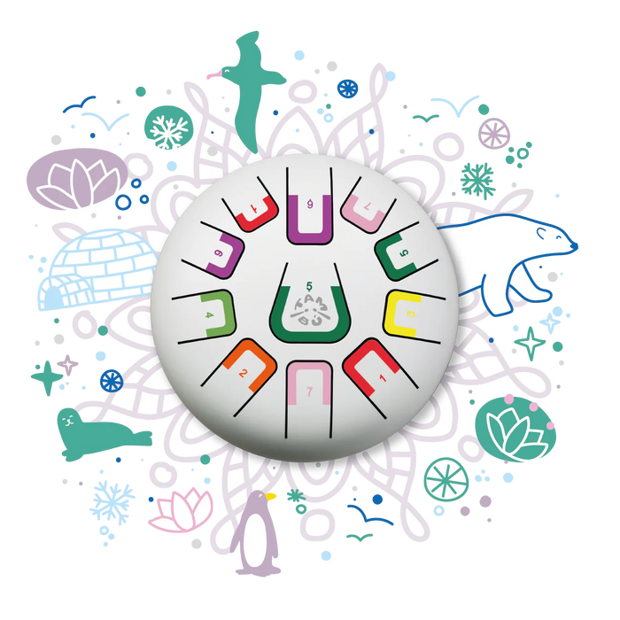 Circular drum design with colorful icons and symbols on a white background