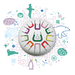 Circular drum design with colorful icons and symbols on a white background
