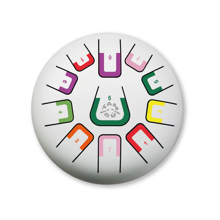 Round white drum with colorful numbered squares on a white background