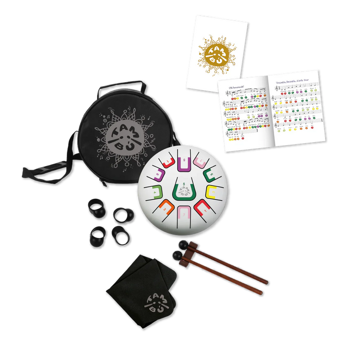 Tone block set with drumsticks, carrying case, and educational materials on a white background