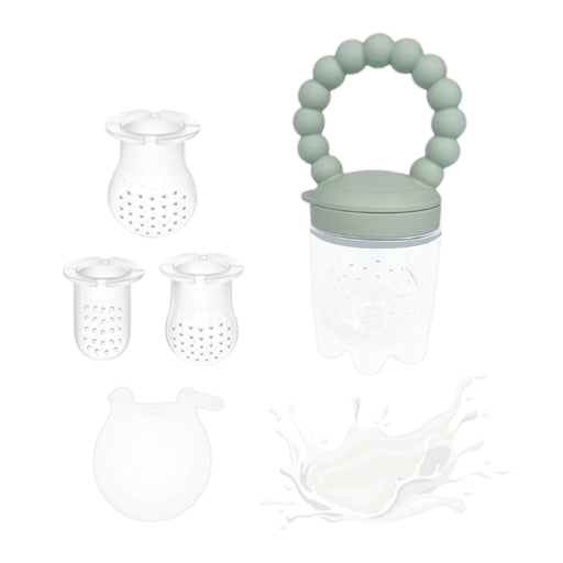 Mint green baby teether with clear components on a white background