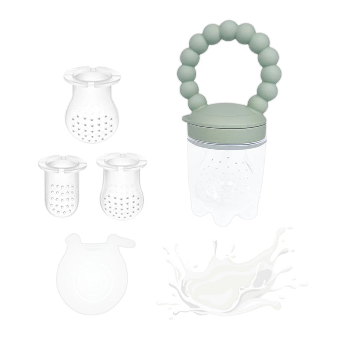 Mint green baby teether with clear components on a white background
