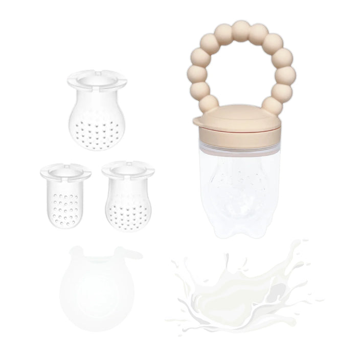 Teething ring with silicone handle and a clear silicone food pouch on a white background