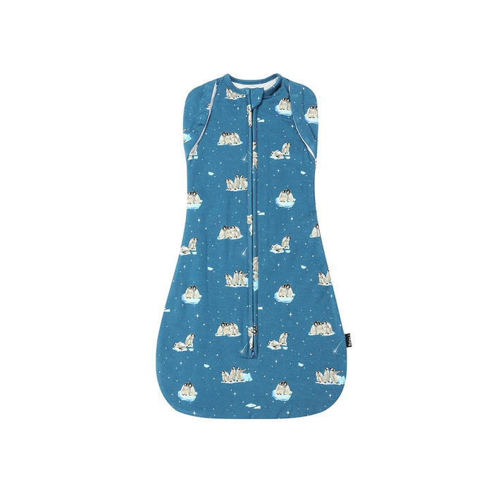 Blue children's sleeping bag with sailboat pattern on a white background