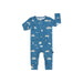Blue baby onesie with penguin pattern on a white background