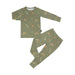 A two-piece children's pajama set in sage green, featuring a long-sleeve top and matching pants with an all-over woodland print of foxes, rabbits, and mushrooms, laid out on a solid white background.