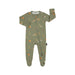 Green baby onesie with a zipper on a white background