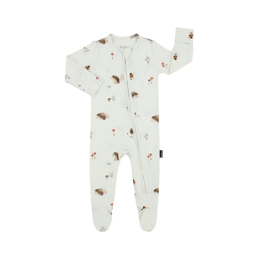 A baby's long-sleeve footed one-piece sleeper in an off-white/cream color, featuring an all-over print of brown hedgehogs, small red mushrooms, and tiny gray birds. The sleeper has a front zipper and is shown flat on a white background.