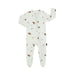 A baby's long-sleeve footed one-piece sleeper in an off-white/cream color, featuring an all-over print of brown hedgehogs, small red mushrooms, and tiny gray birds. The sleeper has a front zipper and is shown flat on a white background.