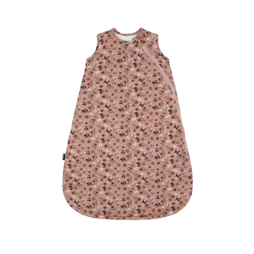 A sleeveless baby sleep sack with an all-over small floral print in dusty pink, brown, and white, shown flat against a solid white background.