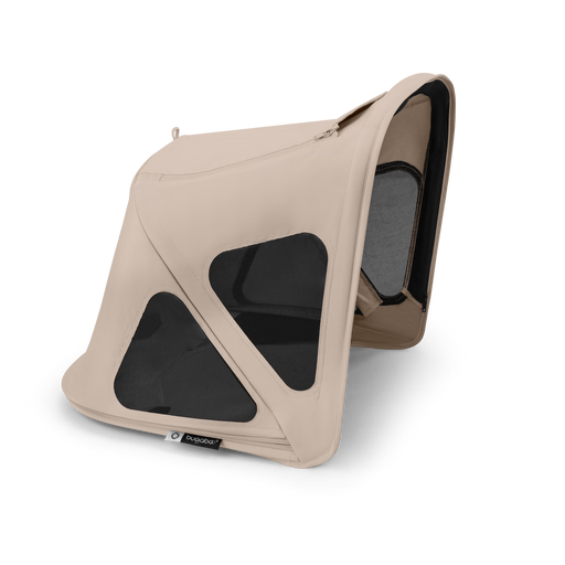 Beige Sun canopy stroller accessory with black mesh on a white background
