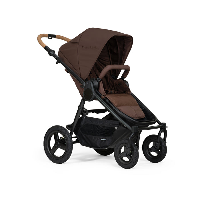 Brown stroller with a black frame and cork handlebar on a white background