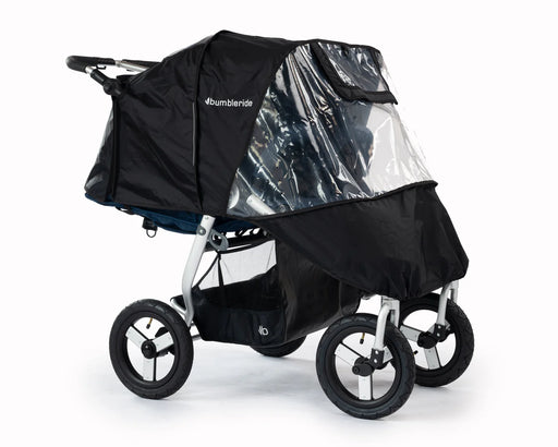 Black stroller with a clear rain cover on a white background