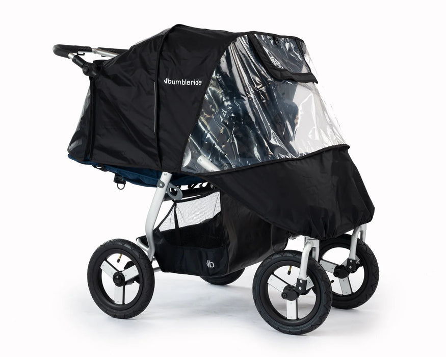 Black stroller with a clear rain cover on a white background