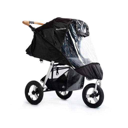 Black Bumbleride stroller with a clear PVC-free rain cover on a white background