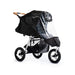Black Bumbleride stroller with a clear PVC-free rain cover on a white background