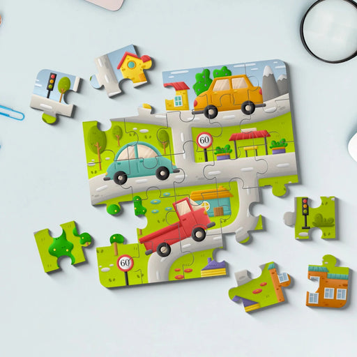 Children's puzzle with colorful cars on roads against a light background
