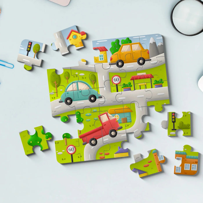 Children's puzzle with colorful cars on roads against a light background