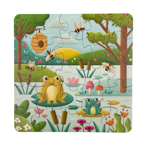Children's puzzle with frogs, bees, and nature elements on a colorful background