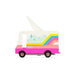 A colorful wooden toy van with a unicorn design on top, predominantly pink in color, with white, yellow, and rainbow accents.
