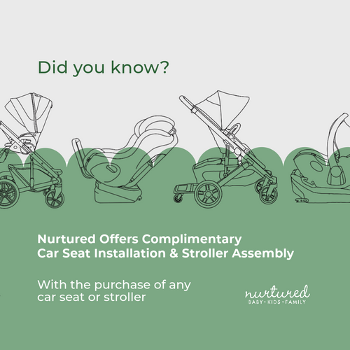 The safest Car Seats and Strollers in Canada (Image depicts line drawing of various baby gear and reads Nurtured Offers Complimentary Car Seat Installation and Stroller Assembly