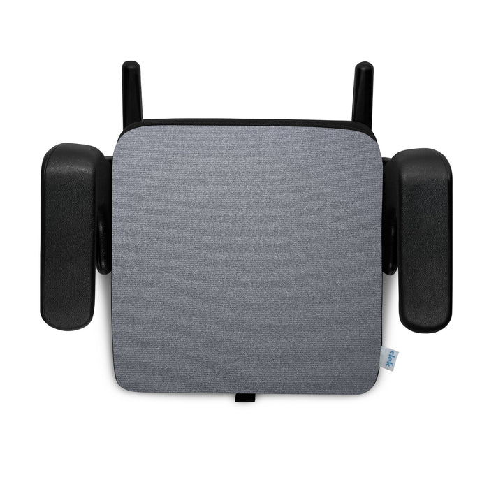Gray car seat booster with black armrests on a white background