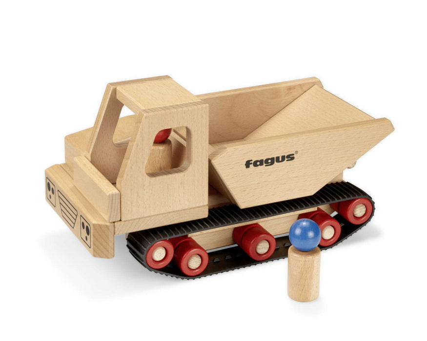 Wooden toy caterpillar dumper truck with 'Fagus' branding on a white background