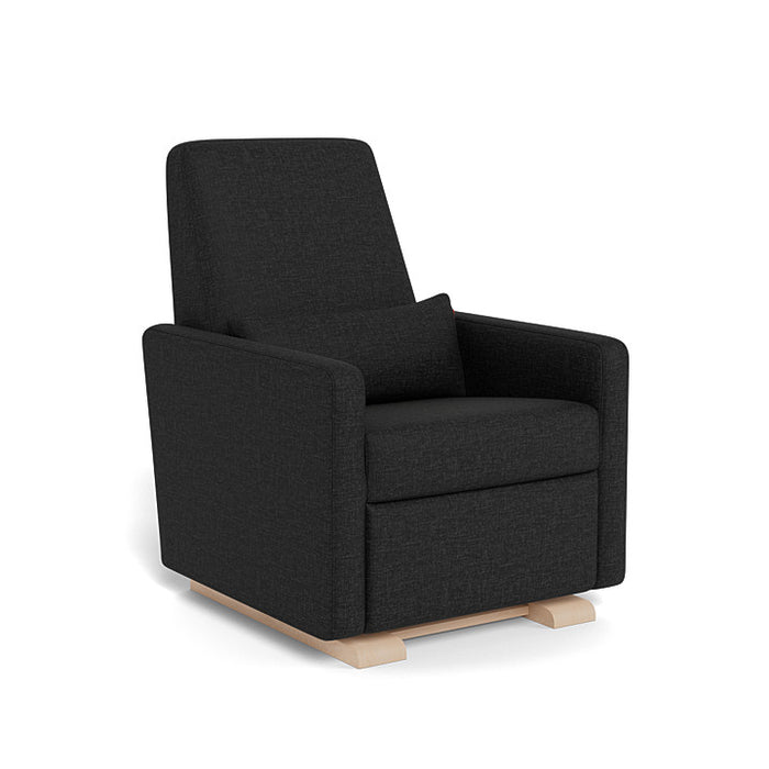 Black upholstered armchair with wooden legs on a white background
