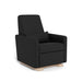 Black upholstered armchair with wooden legs on a white background