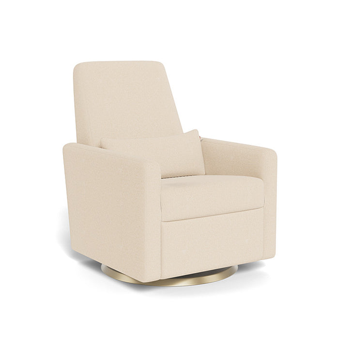 Beige swivel chair with gold base on a white background