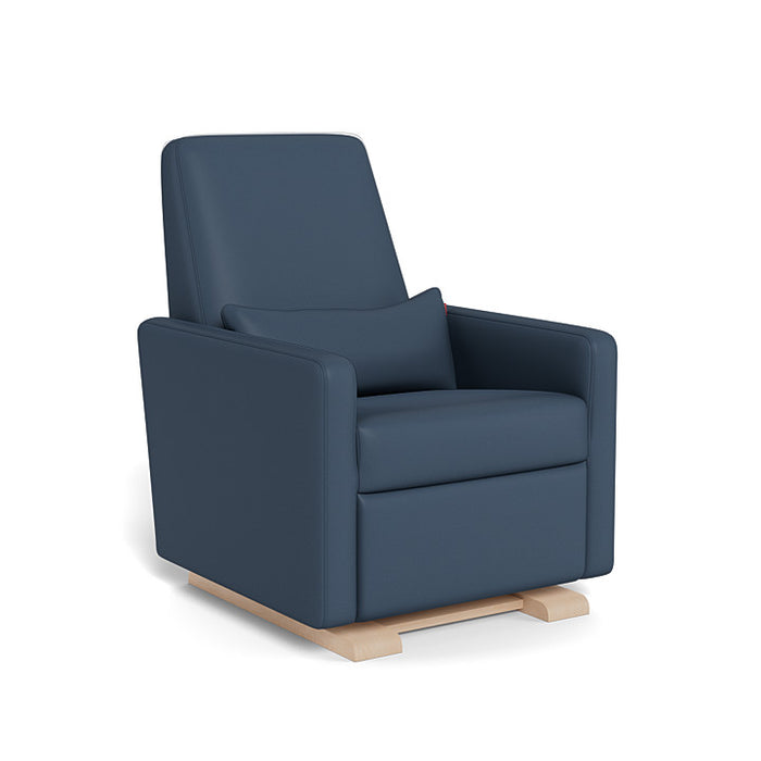 Blue recliner chair with wooden base on a white background