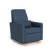 Blue recliner chair with wooden base on a white background