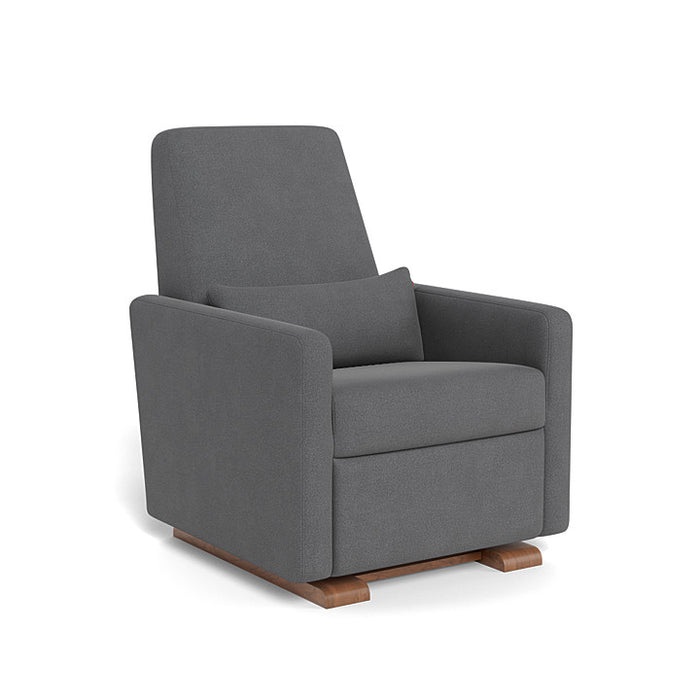 Gray upholstered armchair with wooden legs on a white background