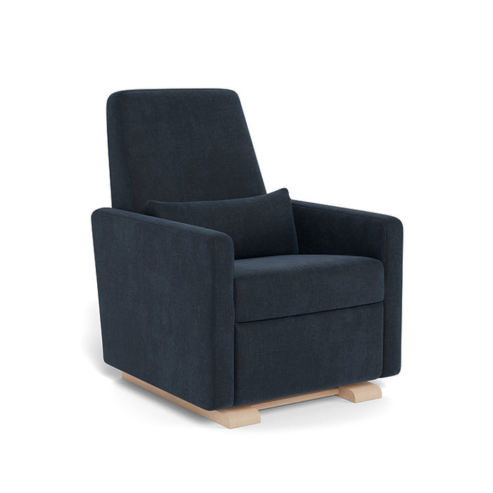 Dark blue armchair with wooden legs on a white background