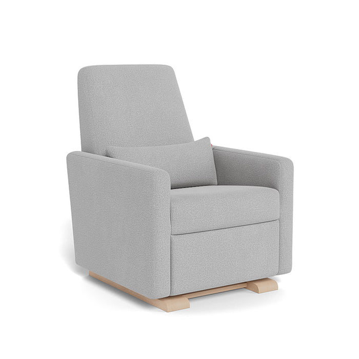 Gray upholstered armchair with wooden legs on a white background
