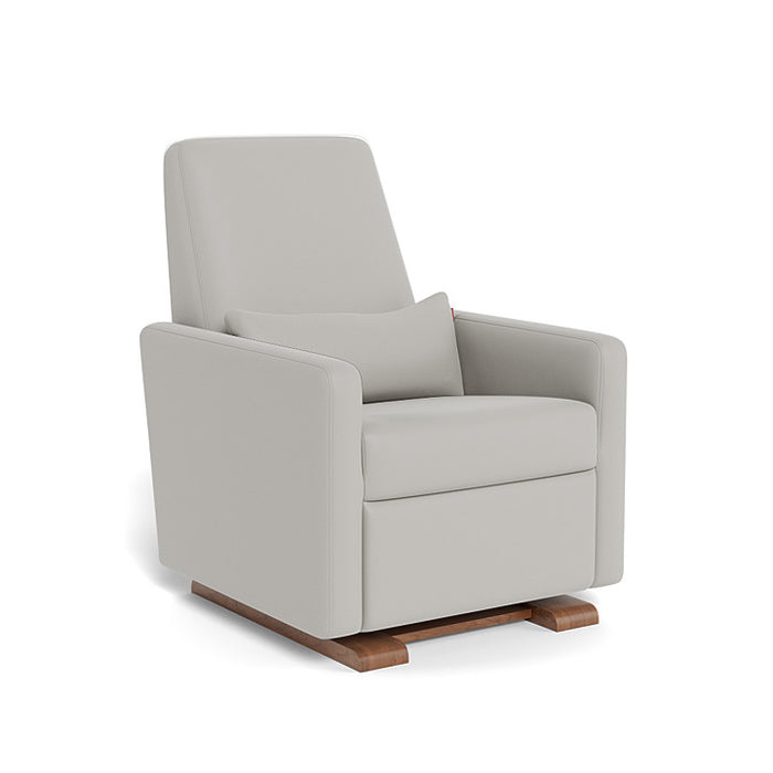 Gray recliner chair with wooden legs on a white background