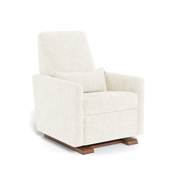 White upholstered Monte armchair with wooden legs on a white background