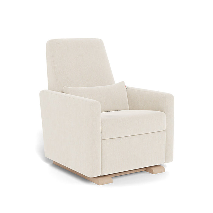 Beige armchair with wooden legs on a white background