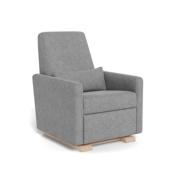 Gray upholstered armchair with wooden legs on a white background