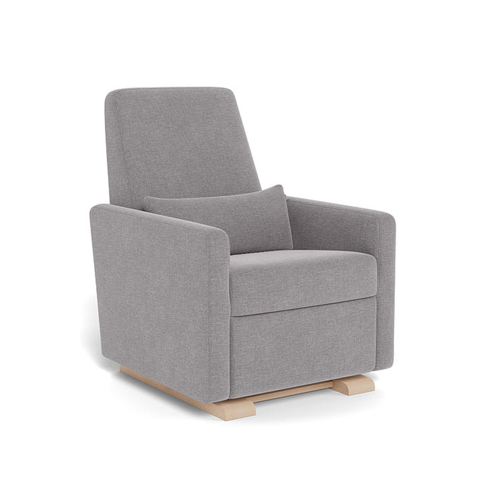 Gray upholstered armchair with wooden legs on a white background