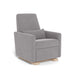 Gray upholstered armchair with wooden legs on a white background